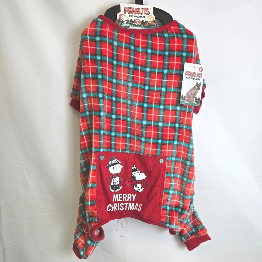 Peanuts Plaid Christmas Pet Dog Pajamas Large Length 17.5-18.5
